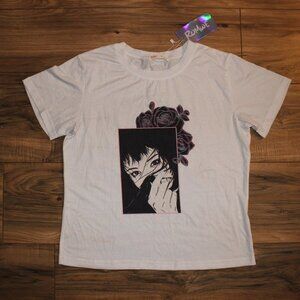Romwe Smoking Girl w/ Roses White Graphic Tee M